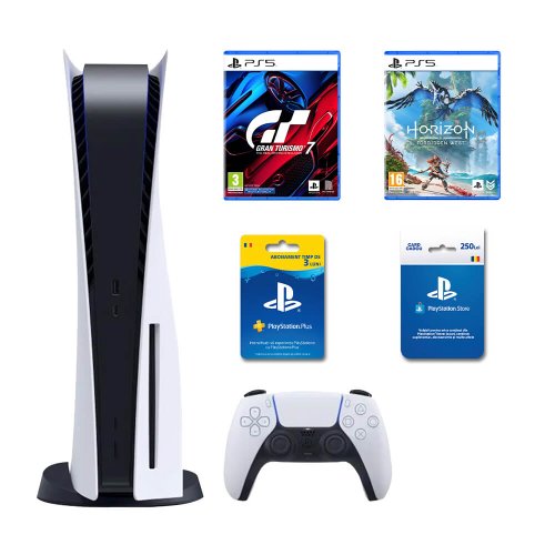 Consola ps5 sony b chassis 825gb, gran turismo 7, horizon forbidden, membership 90 zile, card playstation store 250 ron