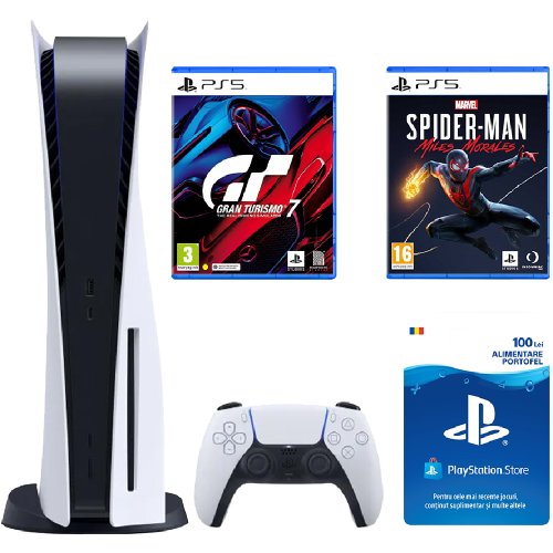 Consola ps5 sony b chassis 825gb, gran turismo 7, spider-man morales, card playstation store 100 ron