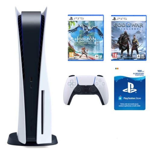 Consola ps5 sony c chassis 825gb, god of war ragnarok, horizon forbidden west standard edition, card sony playstation store 100 ron