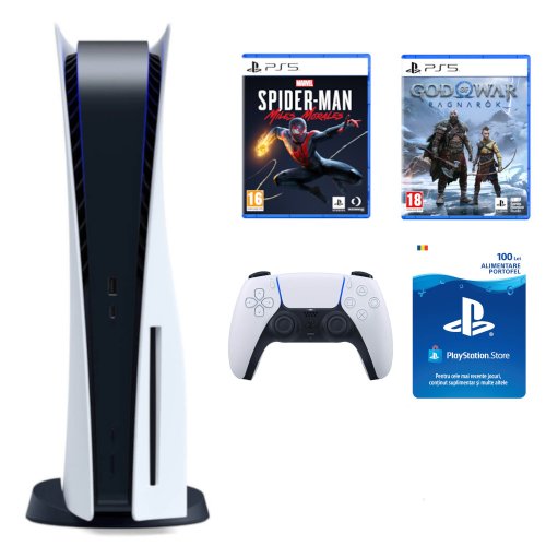 Consola ps5 sony c chassis 825gb, god of war ragnarok, marvel`s spider-man: miles morales, card sony playstation store 100 ron