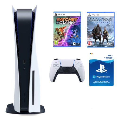 Consola ps5 sony c chassis 825gb, god of war ragnarok, ratchet and clank, card ps4 playstation store 100 ron