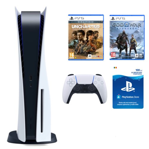 Consola ps5 sony c chassis 825gb, god of war ragnarok, uncharted legacy of thieves collection, card sony playstation store 100 ron