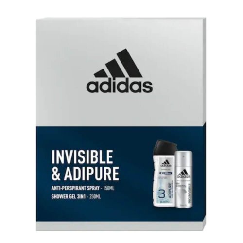 Set 2 cosmetice barbati adidas invisible and adipure, antiperspirant spray pro invisible 150 ml, gel de dus adipure 3in1 250 ml