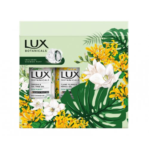 Set lux botanicals: puf de baie + gel de dus fresia & tea tree oil. 500ml + gel de dus ylanh ylang. 500 ml
