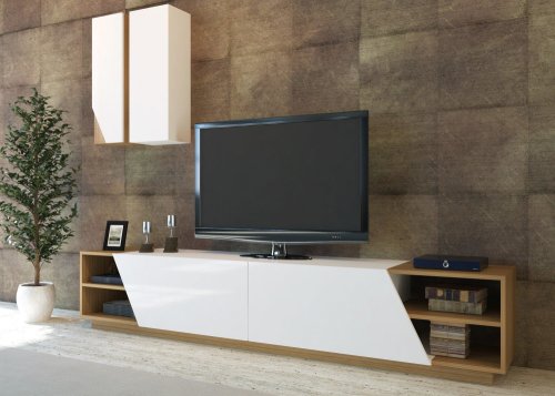 Comoda tv cu biblioteca babilcu usi si rafturi, alb, 240 x 47 x 38 cm