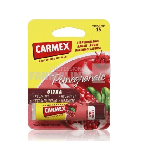 Carmex balsam reparator pentru buze uscate si crapate spf15+ aroma de rodie 4,25 g