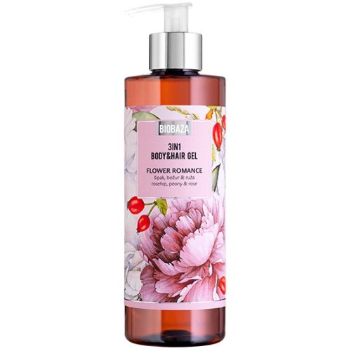 Sampon & gel de dus cu parfum natural de trandafir si extract de bujor, flower romance, biobaza, 400 ml