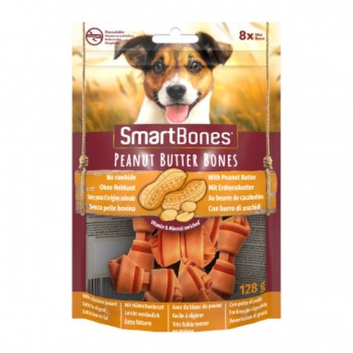 Smartbones flavours peanut butter bones mini, recompense câini, oase aromate unt de arahide, 8buc