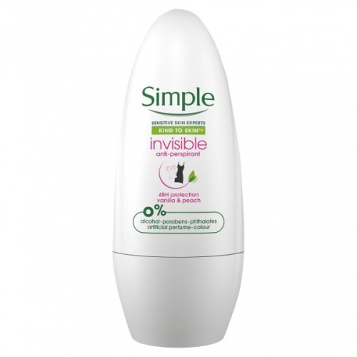 Deodorant antiperspirant roll-on simple invisible cu vanilie si piersici, 0% alcool, protectie 48h, 50 ml