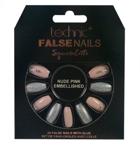 Set 24 unghii false cu adeziv inclus technic false nails, squareletto, nude pink embellished