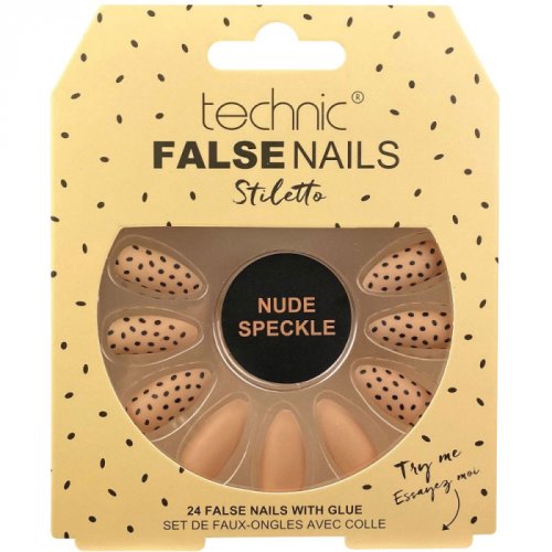Set 24 unghii false cu adeziv inclus technic false nails, stiletto, nude speckle