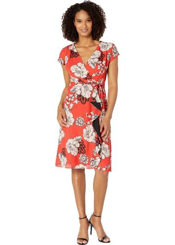 Adrianna Papell faux wrap paisley floral dress with drape red multi