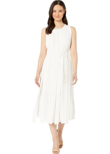 Vince Camuto sleeveless mix media pleated overlay belted dress pearl ivory