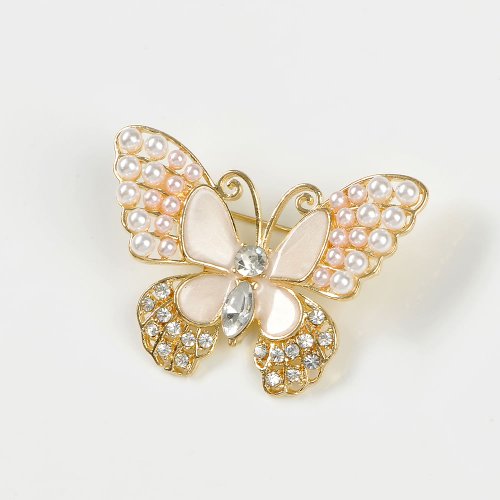 Brosa fluture auriu cu perle si pietre acrilice