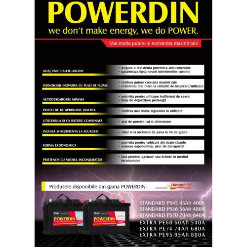 Powerdin 12v standard ps45 45ah 400a 0-1 b13 207x175x190
