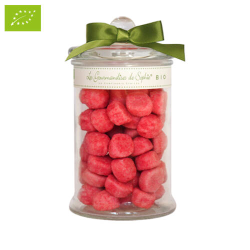 Borcan cu bomboane in forma de capsuni bio -fraises - bio | les gourmandises de sophie
