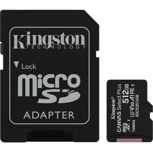 Kingston card de memorie kingston canvas select plus, microsd, 512gb, class 10, uhs-i performance, u1, v10 + adaptor
