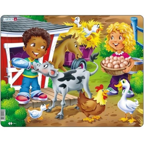 Larsen puzzle copiii la ferma cu vitel, 18 piese larsen lrbm6