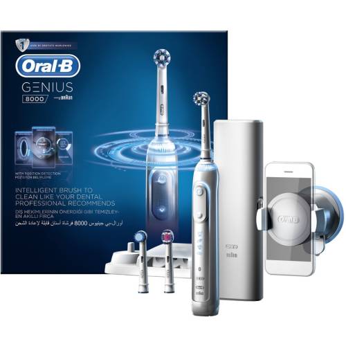 Oral-b periuta de dinti electrica oral-b genius 8000, smartring, 5 programe, 3 capete de periaj, conectivitate bluetooth, trusa de calatorie cu suport pentru smartphone, alb