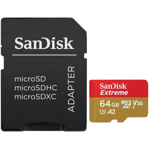 Sandisk card de memorie sandisk extreme microsdxc 64gb, pana la 170mb/s & 80mb/s read/write speeds a2 c10 v30 uhs-i u3 + sd adapter
