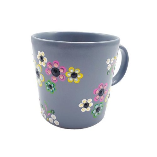 Cana gri pentru cafea sau ceai, pictata manual cu flori, amaris, zia fashion
