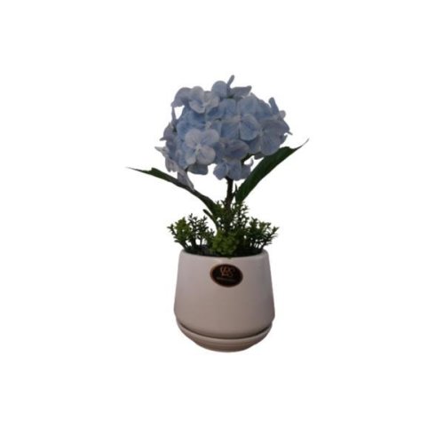Hortensie albastra artificiala decorativa in ghiveci ceramic, 23 cm