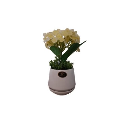 Hortensie galbena artificiala decorativa in ghiveci ceramic, 23 cm