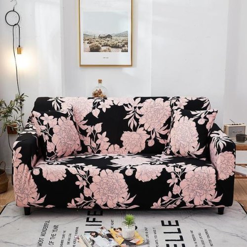 Husa pentru canapea 3 locuri, soft strech, model flori roz, dimensiune 185x230cm
