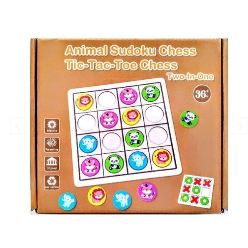 Joc educativ din lemn 2 in 1, x si zero, sudoku animale, multicolor - oem