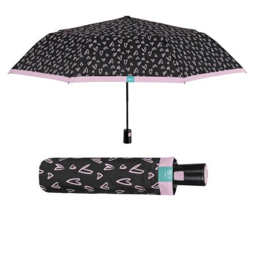 Mini umbrela ploaie pliabila automata negru cu inimioare roz