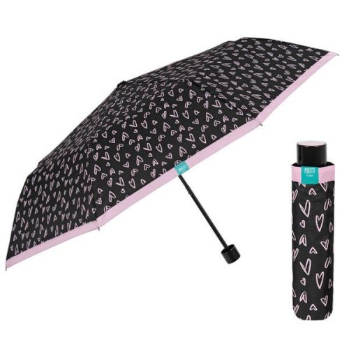 Mini umbrela ploaie pliabila negru cu inimioare roz
