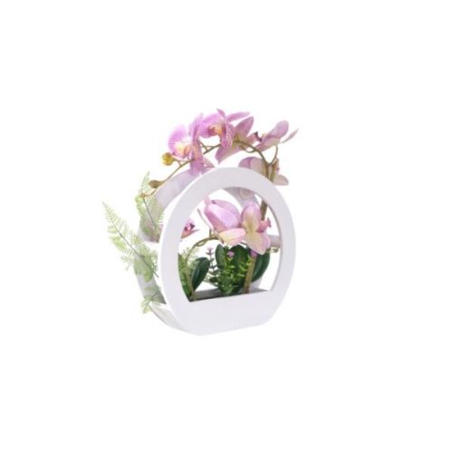 Orhidee artificiala decorativa in ghiveci din lemn,roz-alb 38 cm