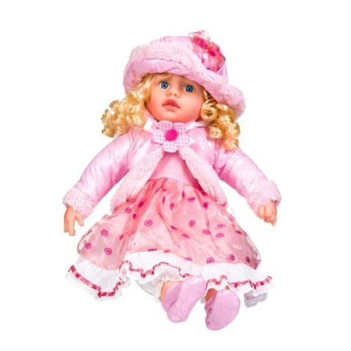 Papusa mare, 60 cm, fetita balerina din material textil, blonda, cu rochita colorata si pantofi de dans si balet, poante fucsia, topi dreams, 3 ani +