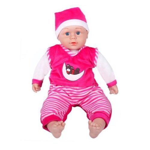 Papusa mare 60 cm, fetita imbracata in rochita de printesa roz cu buline albe topi toy, 3 ani +