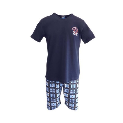 Pijama pentru barbat, univers fashion, bluza albastru inchis cu imprimeu 'dirt bike' pe piept, pantaloni scurti albastru deschis cu imprimeu carouri, s
