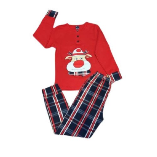 Pijama trendy din bumbac cu imprimeu ren si carouri varsta 6 - 9 ani