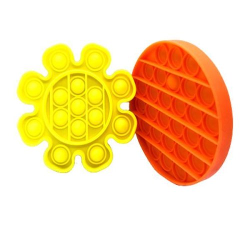 Set 2 jucarii senzoriale push pop bubble fidget, pop it, forma floare/cerc galben/portocaliu 12.5 cm