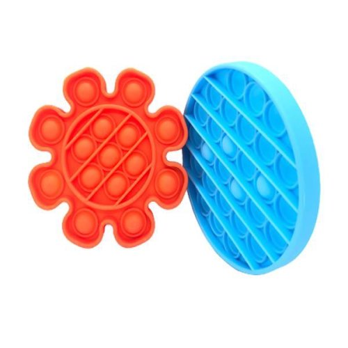 Set 2 jucarii senzoriale push pop bubble fidget, pop it, forma floare/cerc portocaliu/albastru 12.5 cm
