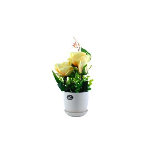 Trandafir artificial decorativ in ghiveci ceramic, galben, 32 cm
