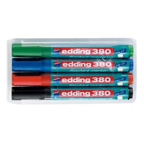 Marker edding 380 pentru flipchart varf rotund 1.5-3 mm 4 culori/set (negru albastru rosu verde)