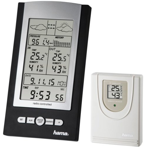 Statie meteo hama ews-800, higrometru, termometru, ceas radio dcf, functie alarma, prognoza, alb/negru