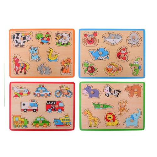 Joueco - pachet 4 puzzle-uri din lemn, 30 x 27 cm, 18 luni+, 8 piese/puzzle, animale si mijloace de transport, multicolor