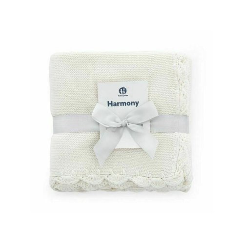 Petite&mars - paturica tricotata harmony, cu margini crosetate, dimensiune 80x100 cm, 100% bumbac, alb