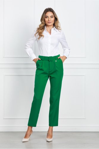 Pantaloni dy fashion verzi cu pliuri si curea in talie