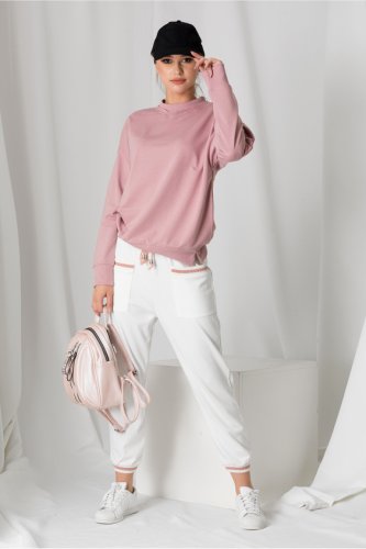 Pantaloni sport albi cu detalii roz