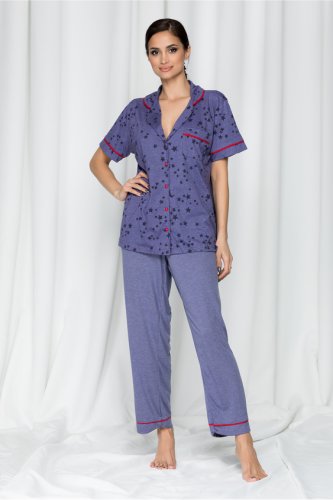 Pijama anemona mov cu pantaloni lungi si imprimeu stelute