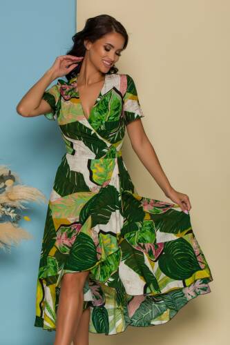 Rochie midi verde petrecuta cu imprimeu tropical