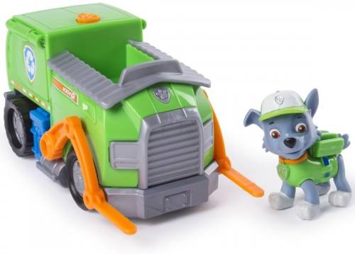 Figurina si autovehicul paw patrol, rocky si camionul de reciclare
