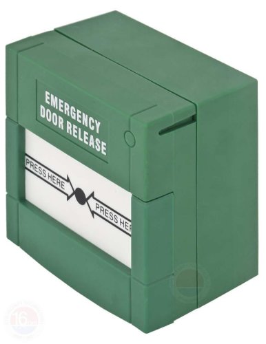 Buton aplicabil din plastic pentru iesire de urgenta; material: plastic, culoare verde; 2x contacte no nc;