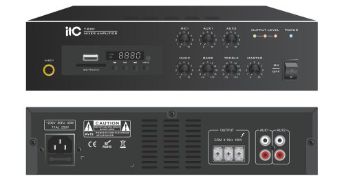 Mixer amplificator itc t-b60, pentru sisteme de public address (pa), putere 60w 100v, 4 x iesiri 4 16 100v, 1 x iesire microfon cu volum independent; redare automata a muzicii in format mp3; functie